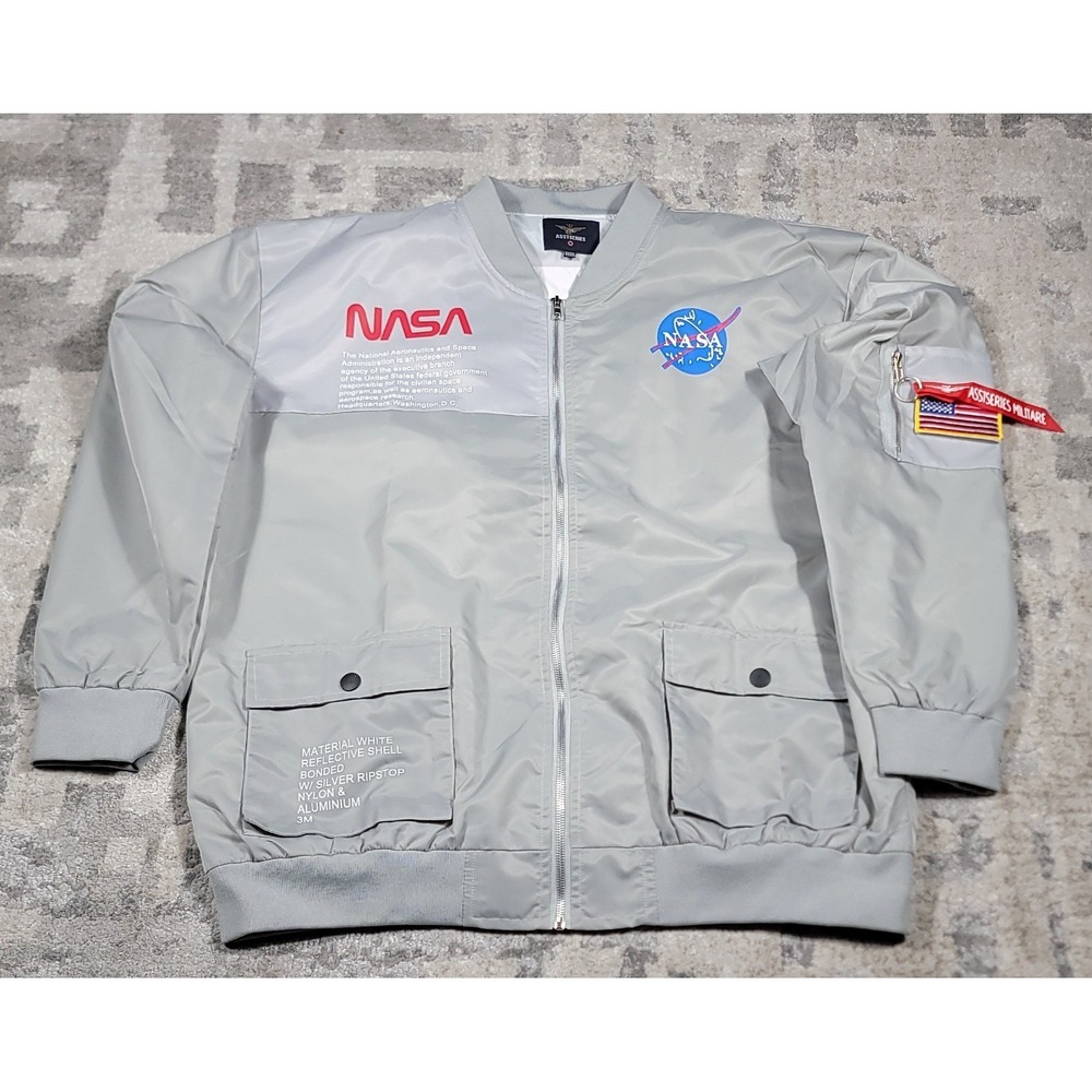 Asstseries NASA Jacket‎ Unisex Reflective Gray Logo & Flag Patch Graphic Sz 4XL